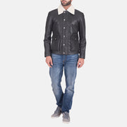 
تفاصيل مقربة of Shirt style Faux Shearling Collar & Zipper + Button Flap Hardware on Snow Cole أسود جاكيت جلد رجالي