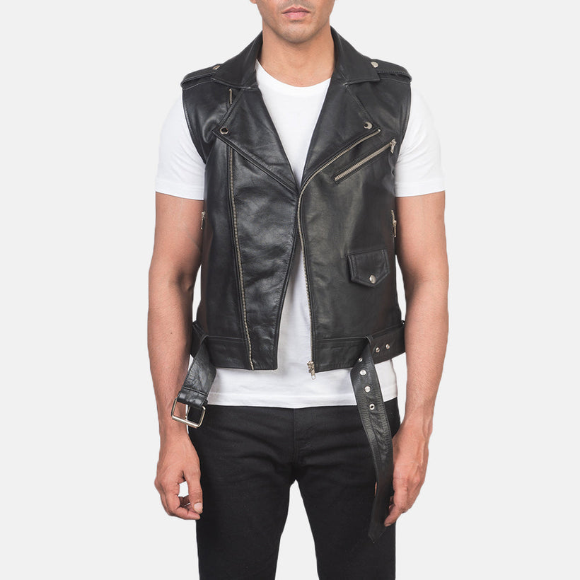 Sullivan أسود Leather Biker Vest رجالي