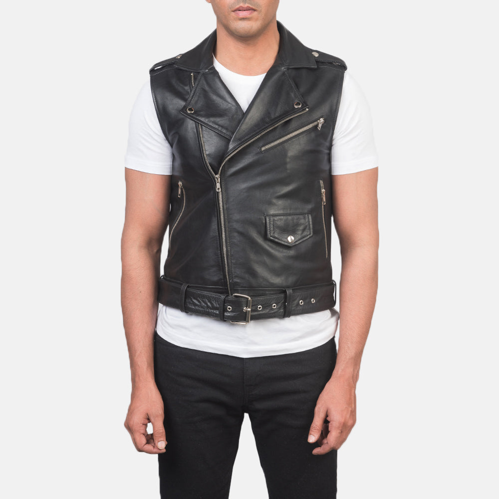 
تفاصيل مقربة of Notch & Zipper Hardware on Sullivan أسود Leather Biker Vest رجالي