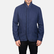 Close-Up Detail of Nehru &amp; Zipper with Dual Puller Hardware on Men's Thomas أزرق Wool جاكيت جلد رجالي