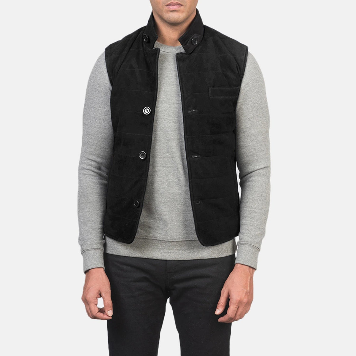 
Tony أسود Suede Vest رجالي in Black Goatskin Suede - عرض أمامي وقَصّة مفصلة أنيقة | شراء أونلاين عبر المتجر الرسمي