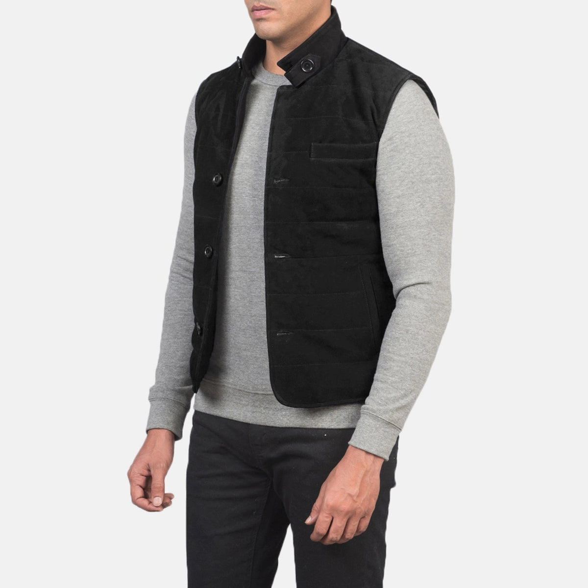 
Black Goatskin Suede Leather Vest - عرض خلفي يوضح تفصيل الأكتاف المتقن والحاشية النظيفة