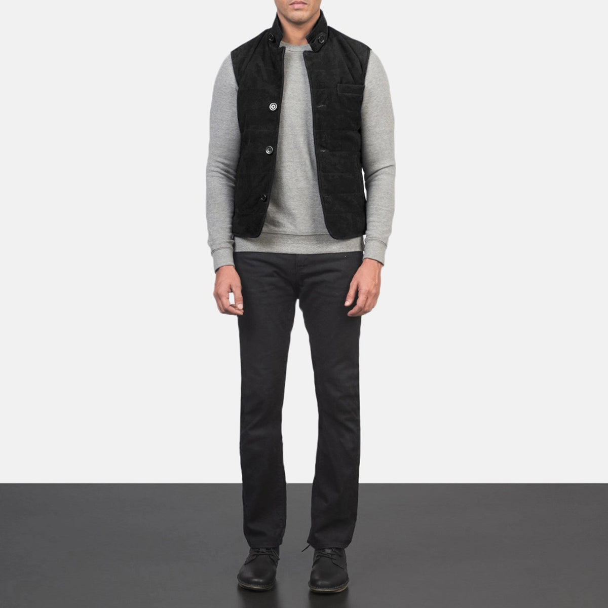 
Tony أسود Suede Vest رجالي - عرض جانبي يوضح قَصّة الأكمام المريحة