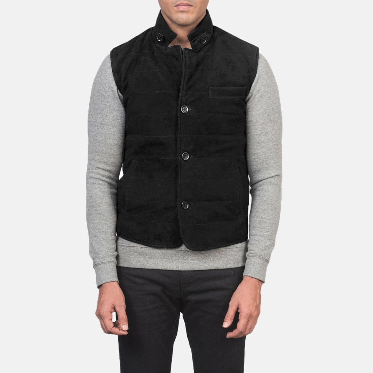 
تفاصيل مقربة of Notch with removable throat latch & Button Hardware on Tony أسود Suede Vest رجالي