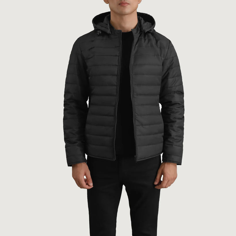 Tyler أسود Hooded Puffer جاكيت جلد رجالي