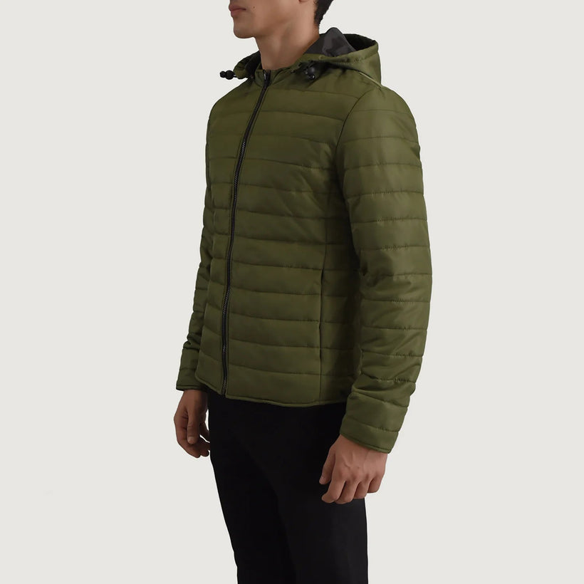 Tyler أخضر Hooded Puffer جاكيت جلد رجالي