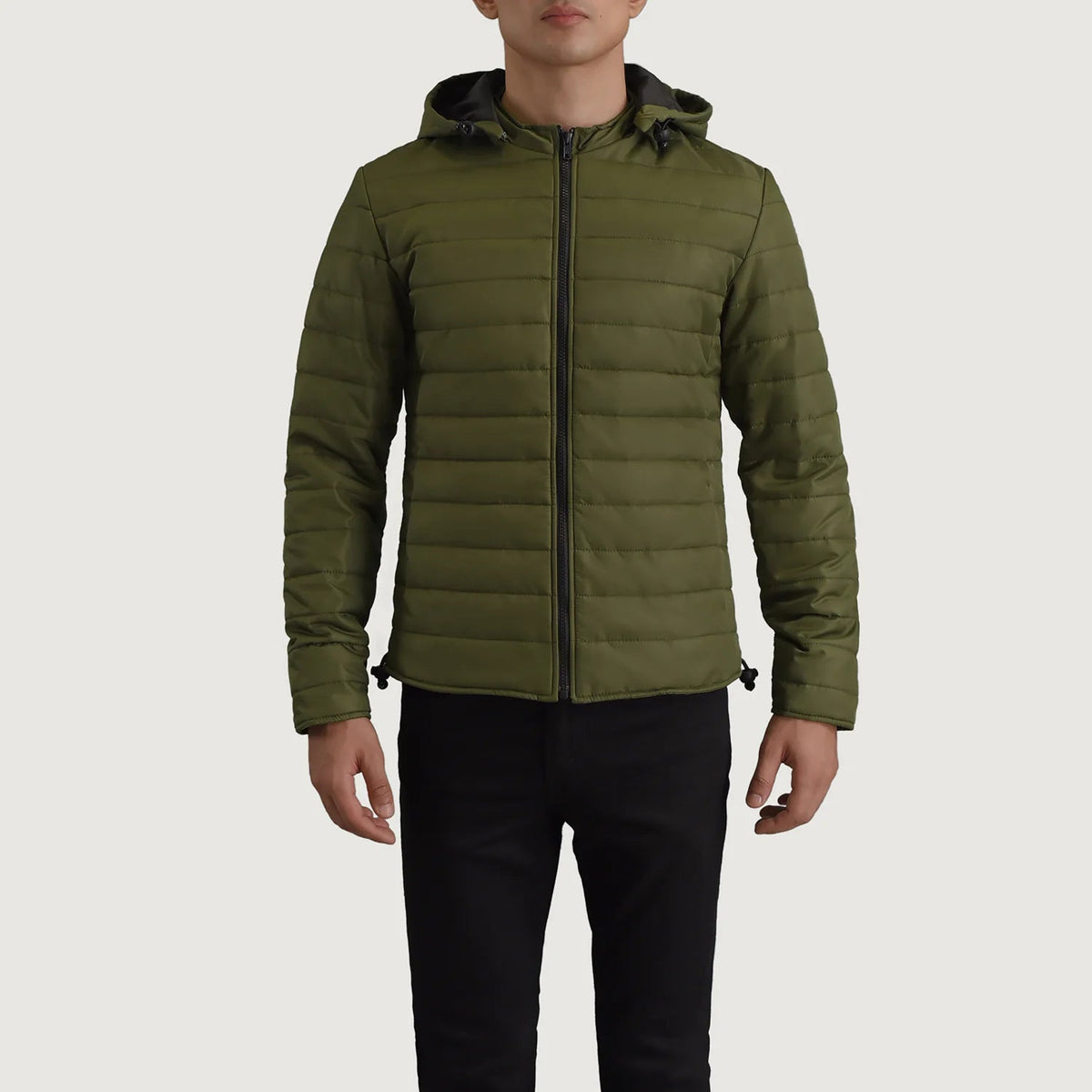 Close-Up Detail of Classic Collar &amp; Zipper Hardware on Tyler أخضر Hooded Puffer جاكيت جلد رجالي