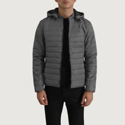 Tyler Grey Hooded Puffer جاكيت جلد رجالي in Grey Full-Grain Leather - Front Profile View &amp; Tailored Silhouette | Buy Online