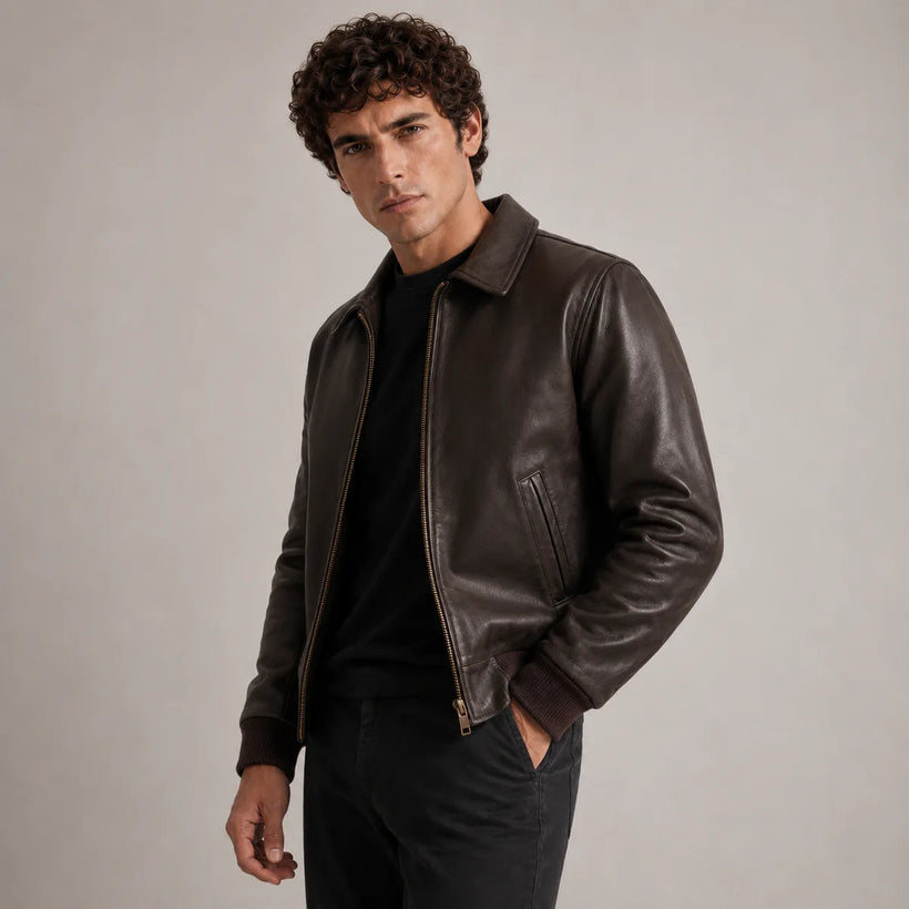 Dark بني Sheepskin جاكيت بومبر جلد رجالي