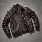 
Tailored Rib Cuffs & Hem Craftsmanship Construction Detail on Dark بني Sheepskin جاكيت بومبر جلد رجالي