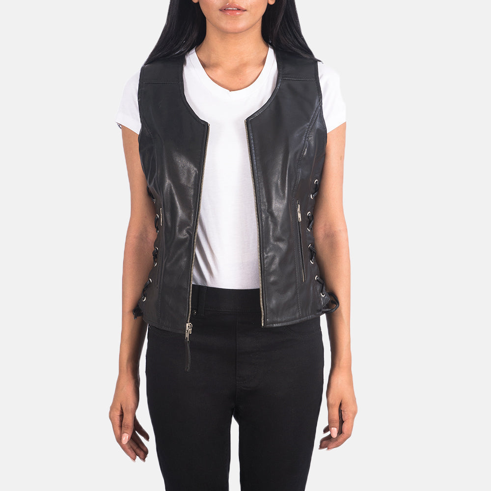 Women's Vanda أسود Leather Biker Vest نسائي in Black Goatskin Leather - Front Profile View &amp; Tailored Silhouette | Buy Online