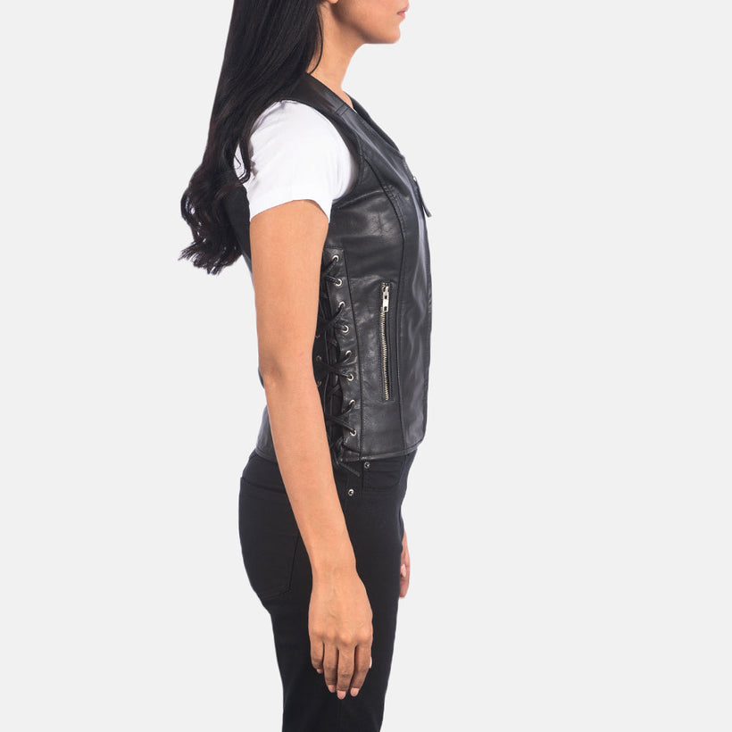 Vanda أسود Leather Biker Vest نسائي