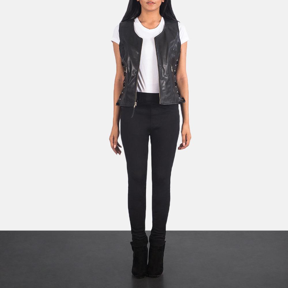 Women's Vanda أسود Leather Biker Vest نسائي - Lateral Side Profile View Showing Sleeve Cut &amp; Athletic Taper Fit
