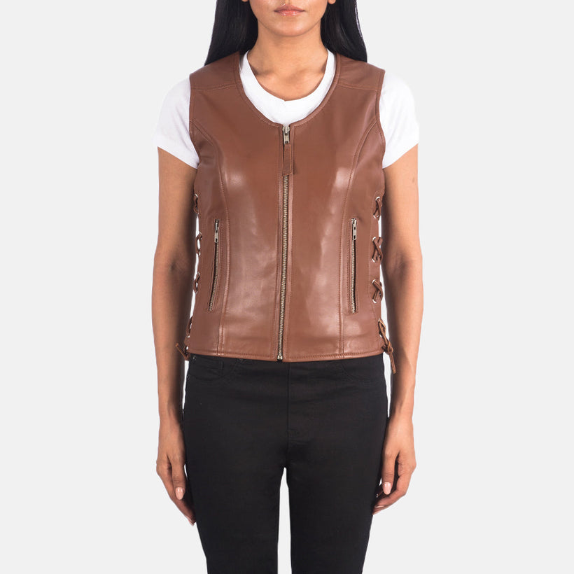 Vanda بني Leather Biker Vest نسائي
