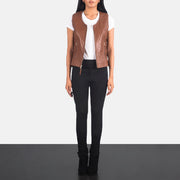 Women's Vanda بني Leather Biker Vest نسائي - Lateral Side Profile View Showing Sleeve Cut &amp; Athletic Taper Fit