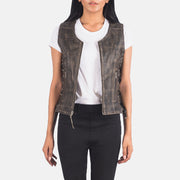 
Vanda Distressed بني Leather Biker Vest نسائي in Distressed Brown Goatskin Leather - عرض أمامي وقَصّة مفصلة أنيقة | شراء أونلاين عبر المتجر الرسمي