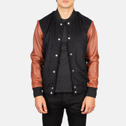
Vaxton Brown Hybrid Varsity Jacket in Black & Brown Sheepskin Leather - عرض أمامي وقَصّة مفصلة أنيقة | شراء أونلاين عبر المتجر الرسمي