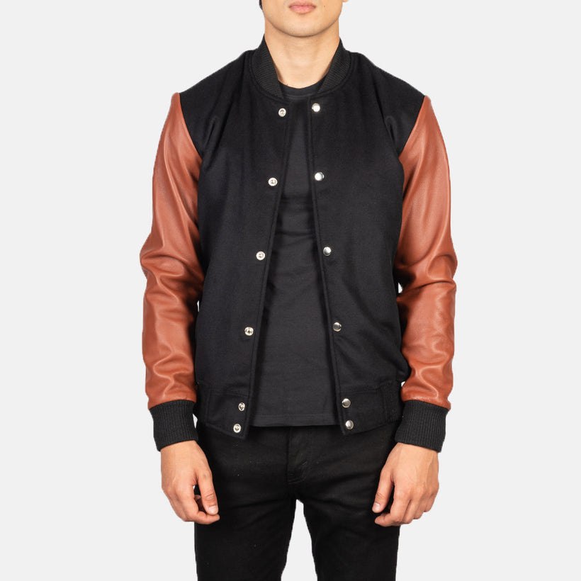 Vaxton بني & أسود Hybrid Varsity جاكيت جلد رجالي
