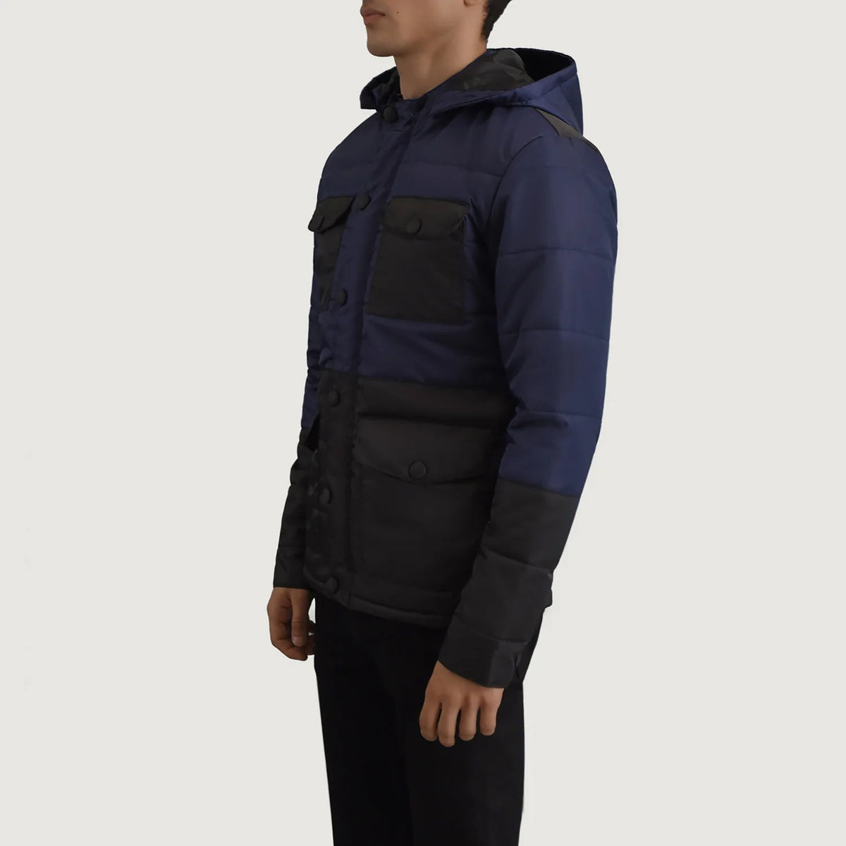 
Black + Blue Full-Grain Leather Hooded Jacket - عرض خلفي يوضح تفصيل الأكتاف المتقن والحاشية النظيفة