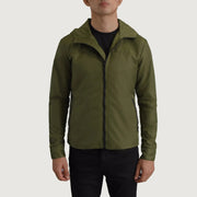 
تفاصيل مقربة of Classic Collar & Zipper With Inside Wind Flap. Hardware on Wesley أخضر Hooded Windbreaker جاكيت جلد رجالي