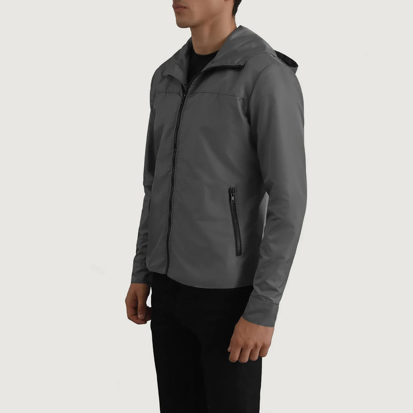 Wesley Grey Hooded Windbreaker جاكيت جلد رجالي