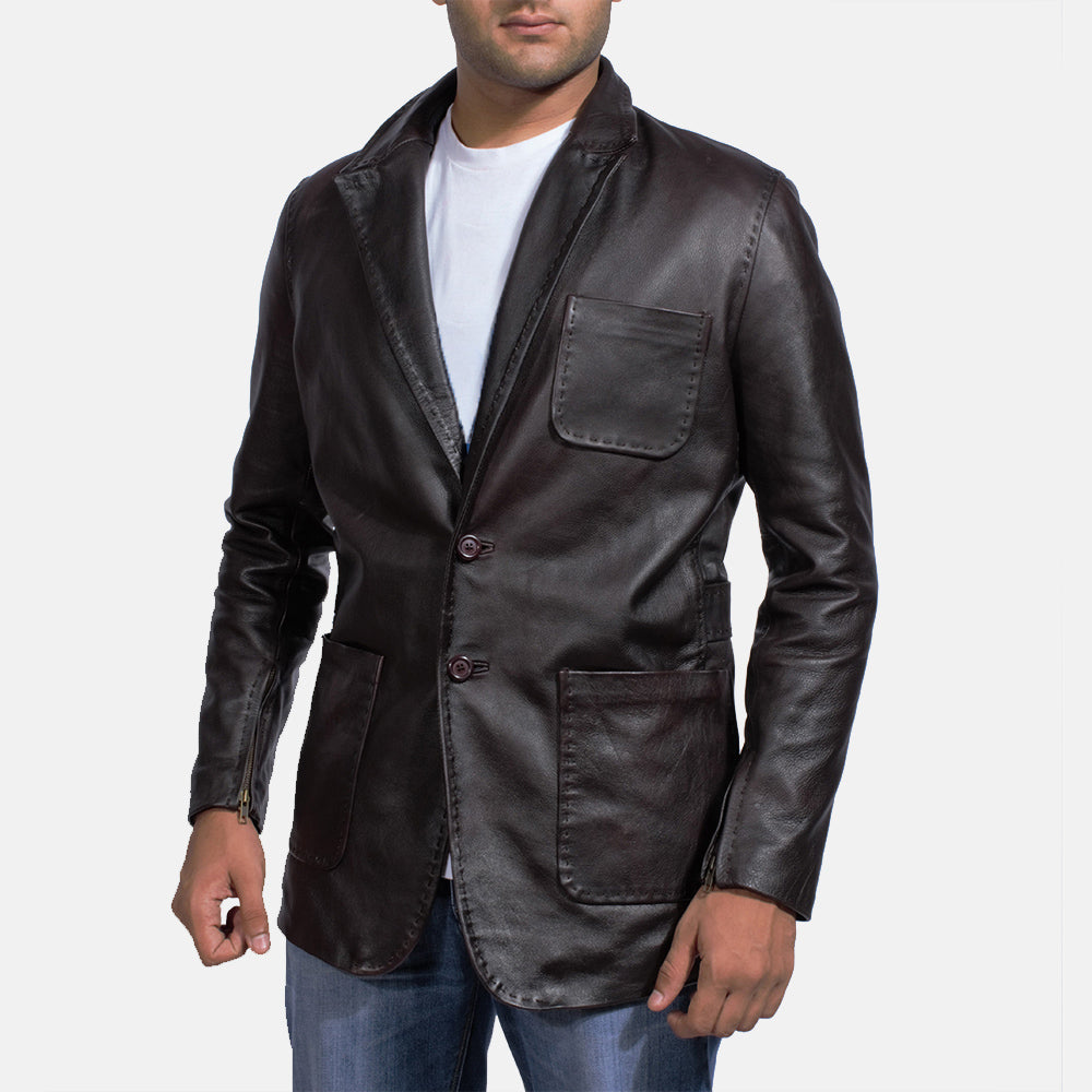 Men's Wine أسود بليزر جلد رجالي in Dark Brown Cow Hide Leather - Front Profile View &amp; Tailored Silhouette | Buy Online