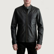 Zen أسود جاكيت بايكر جلد رجالي in Black Sheepskin Leather - Front Profile View &amp; Tailored Silhouette | Buy Online