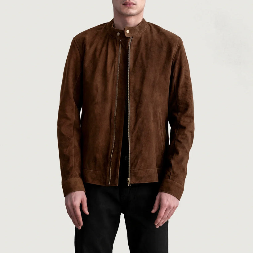Zen بني Suede جاكيت بايكر جلد طبيعي رجالي