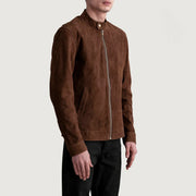 
Brown Goatskin Suede Biker Jacket - عرض خلفي يوضح تفصيل الأكتاف المتقن والحاشية النظيفة