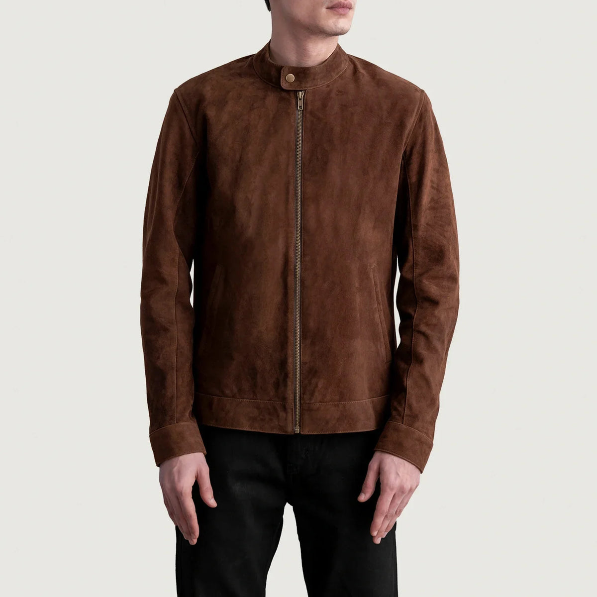 
Zen بني Suede جاكيت بايكر جلد طبيعي رجالي - عرض جانبي يوضح قَصّة الأكمام المريحة