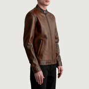 
Distressed Brown Sheepskin Leather Biker Jacket - عرض خلفي يوضح تفصيل الأكتاف المتقن والحاشية النظيفة